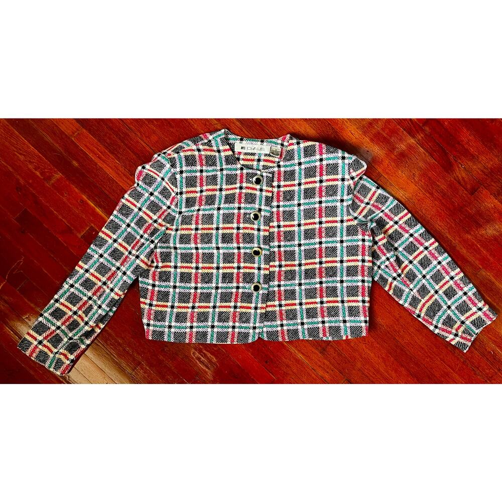 Vintage 80s Ms Chaus White Pink Colorful Plaid Cropped Blazer Suit Jacket 14 Med